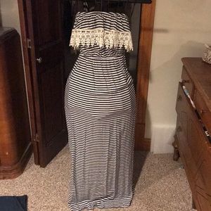 Navy and white strapless maxi dress